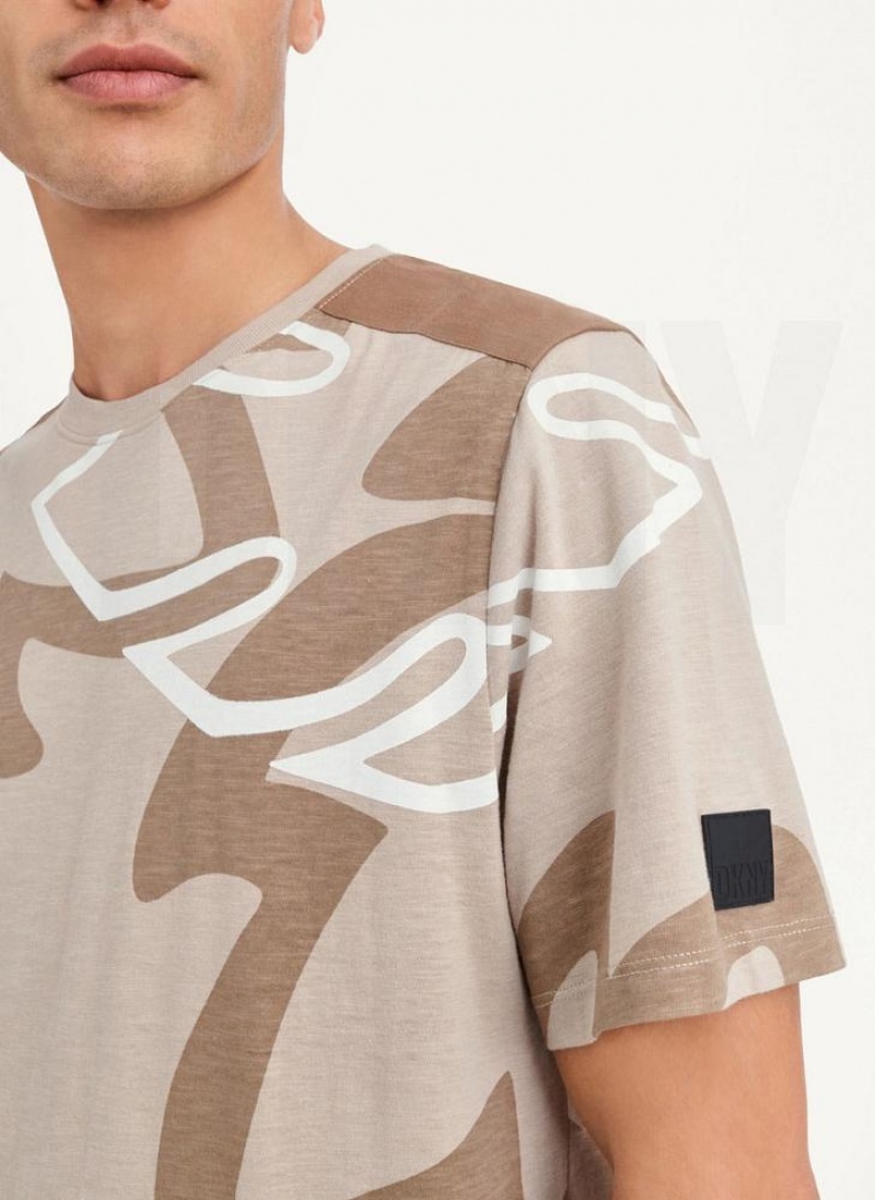 Khaki DKNY Leaves Print Slub Jersey Men's T Shirts | USA-D1753