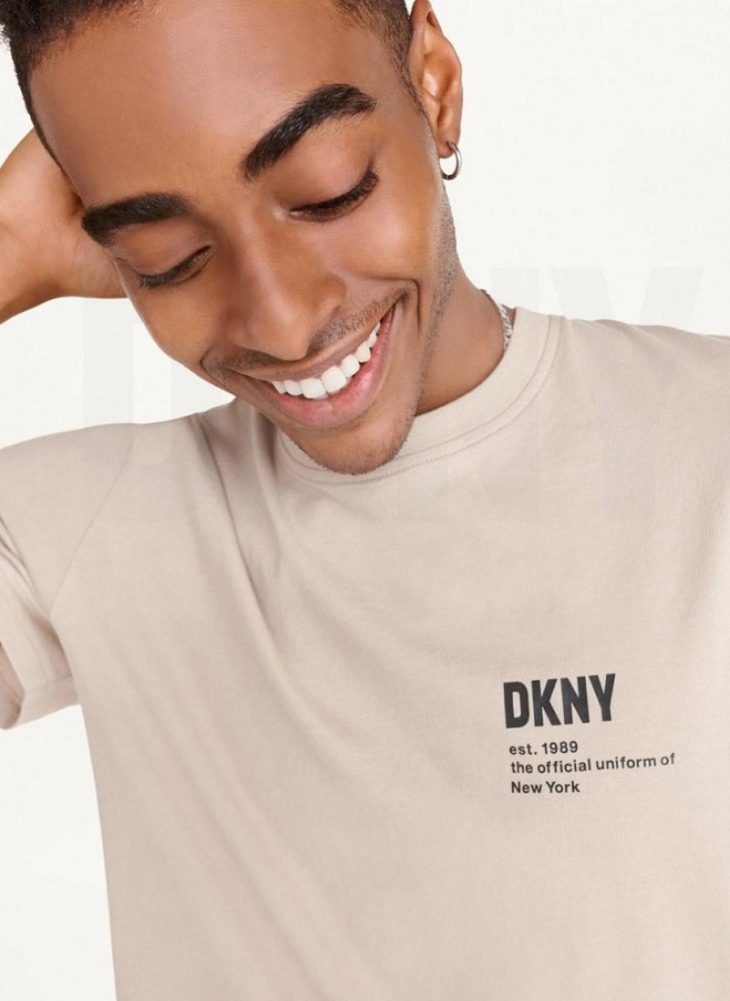 Khaki DKNY Left Chest Logo Men's T Shirts | USA-D1713