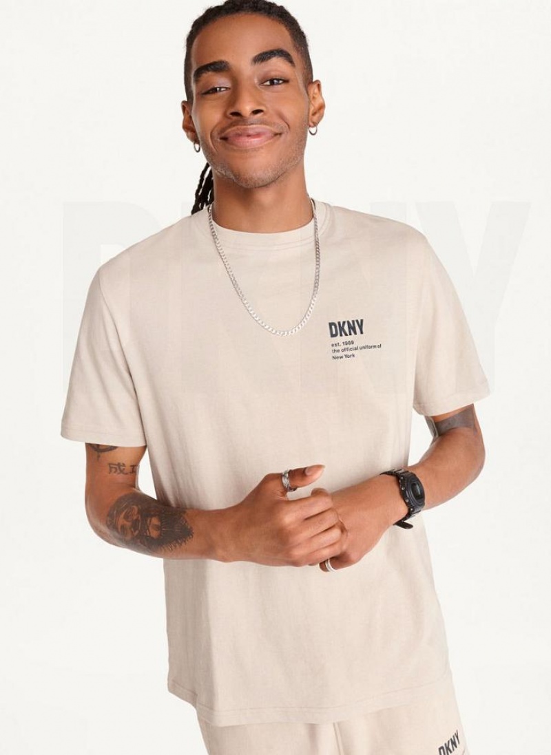 Khaki DKNY Left Chest Logo Men\'s T Shirts | USA-D1713