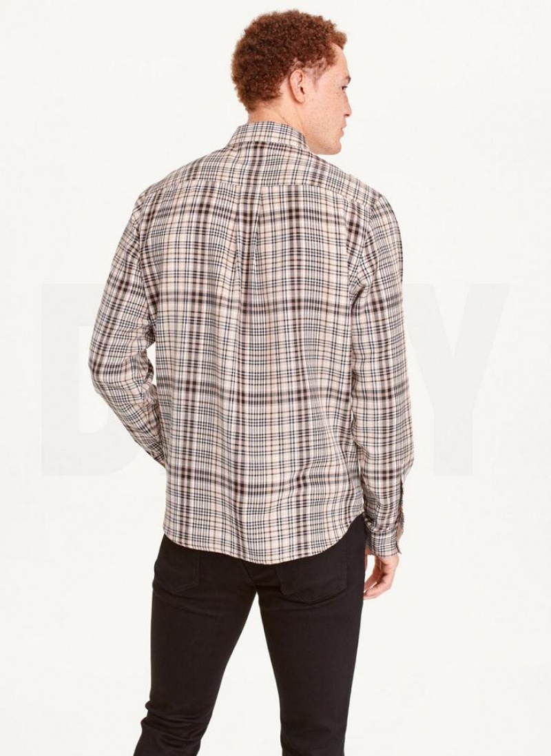 Khaki DKNY Long Sleeve Plaid Khaki Button Up Men's Shirts | USA-D1077