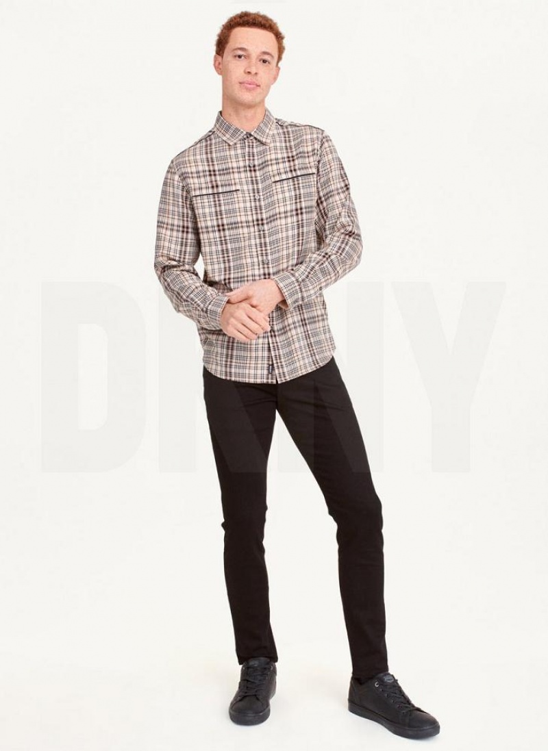 Khaki DKNY Long Sleeve Plaid Khaki Button Up Men's Shirts | USA-D1077