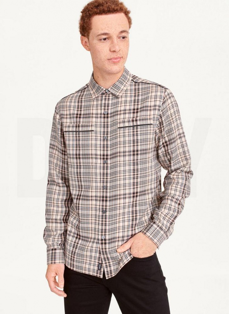Khaki DKNY Long Sleeve Plaid Khaki Button Up Men\'s Shirts | USA-D1077