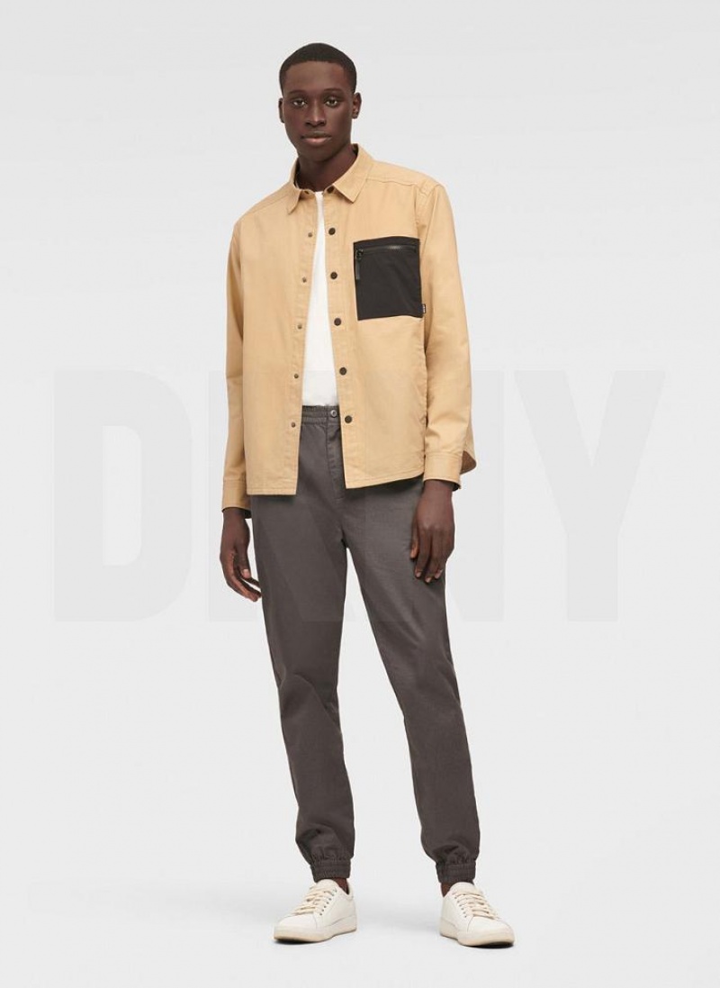 Khaki DKNY Mixed Media PockeT-Shirt Jacket Men's Shirts | USA-D0293