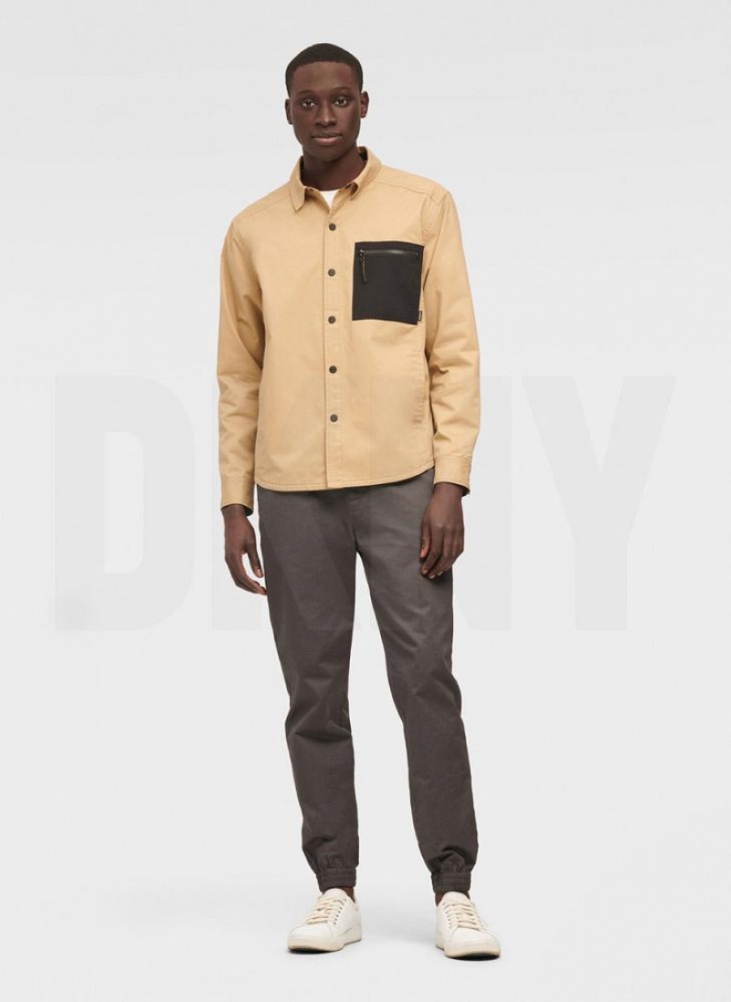 Khaki DKNY Mixed Media PockeT-Shirt Jacket Men's Shirts | USA-D0293