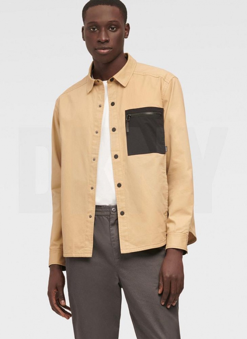 Khaki DKNY Mixed Media PockeT-Shirt Jacket Men\'s Shirts | USA-D0293