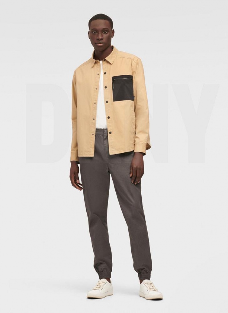 Khaki DKNY Mixed Media PockeT-Shirt Men's Jackets | USA-D1018