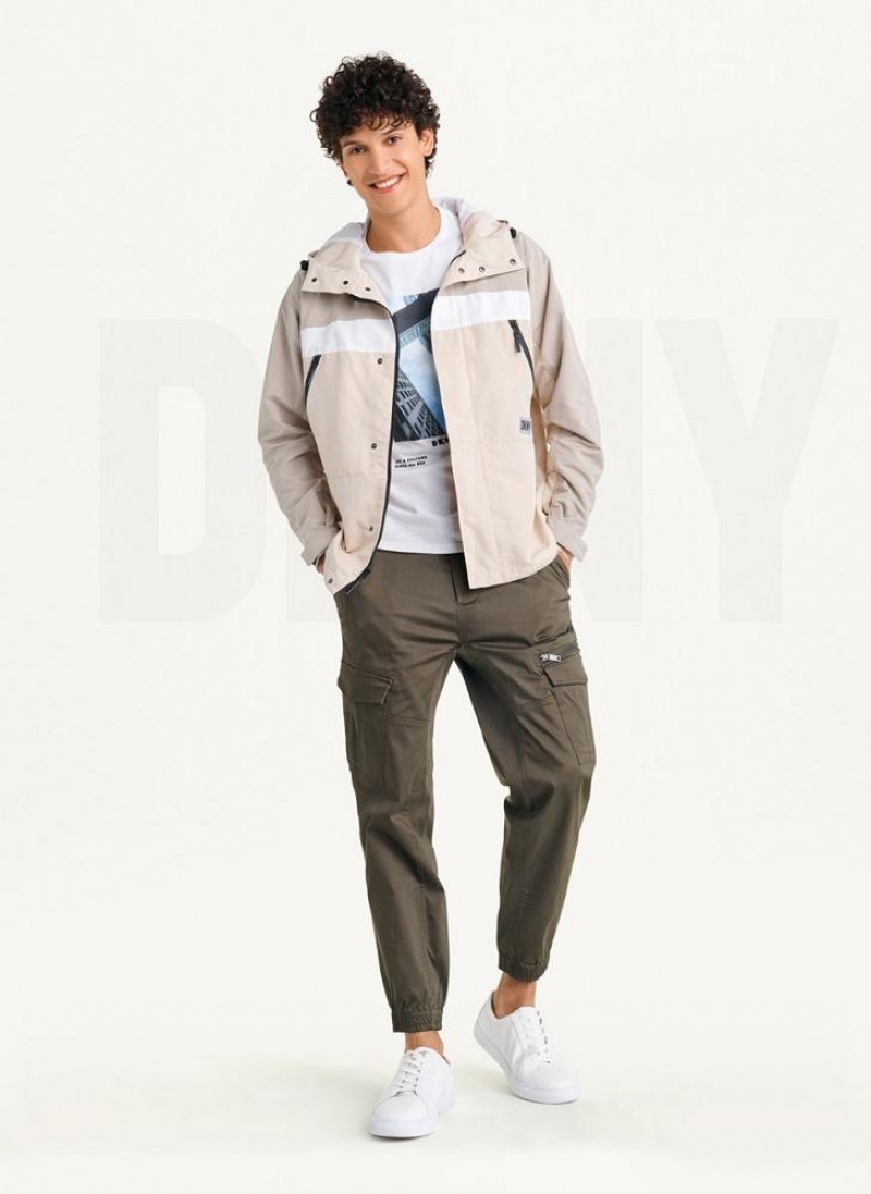 Khaki DKNY Nylon Zip Front Hooded Men's Jackets | USA-D1053