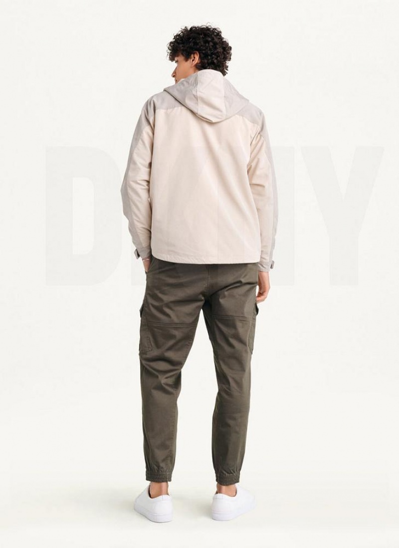 Khaki DKNY Nylon Zip Front Hooded Men's Jackets | USA-D1053