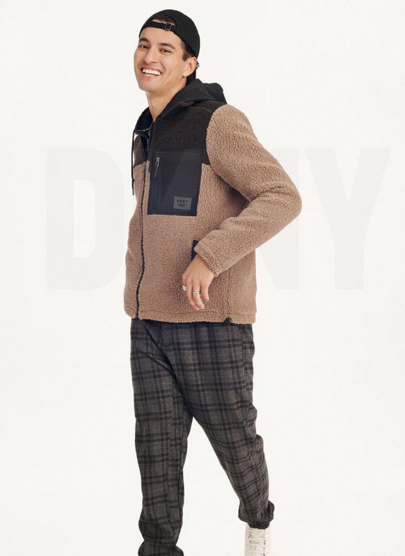 Khaki DKNY Sherpa Full Zip Men's Jackets | USA-D0210