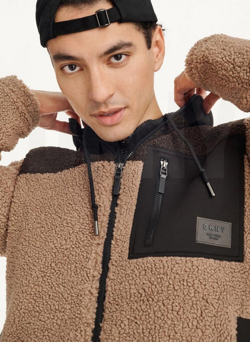 Khaki DKNY Sherpa Full Zip Men's Jackets | USA-D0210
