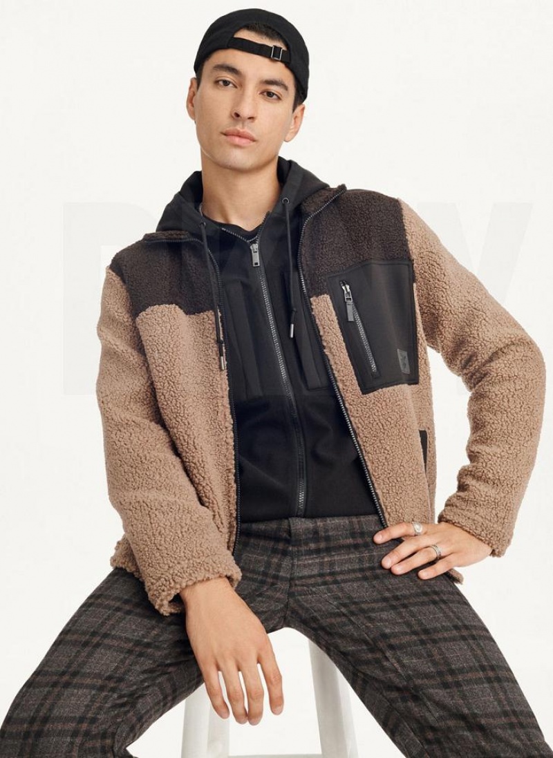 Khaki DKNY Sherpa Full Zip Men's Jackets | USA-D0210