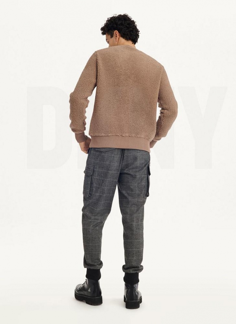 Khaki DKNY Sherpa Long Sleeve Crew Men's Sweatshirts | USA-D1286