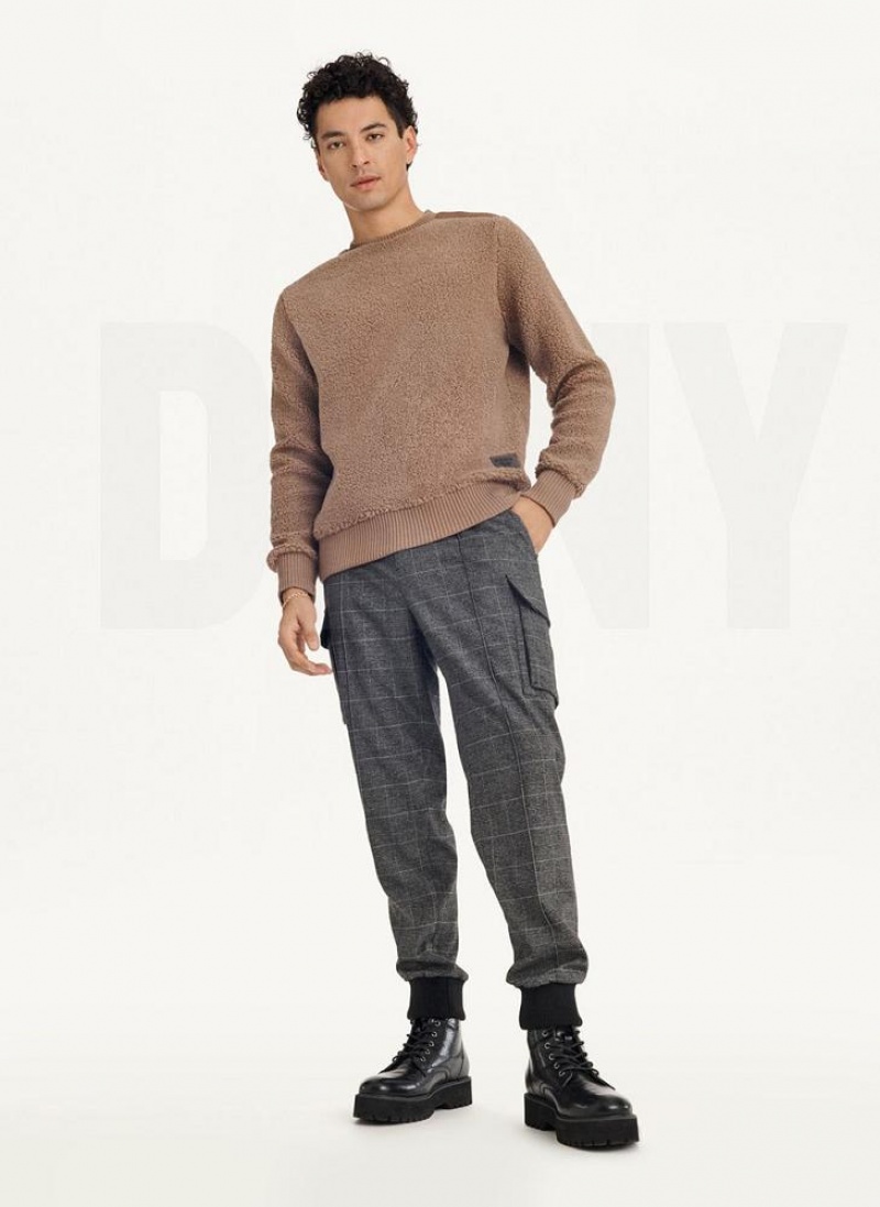 Khaki DKNY Sherpa Long Sleeve Crew Men's Sweatshirts | USA-D1286