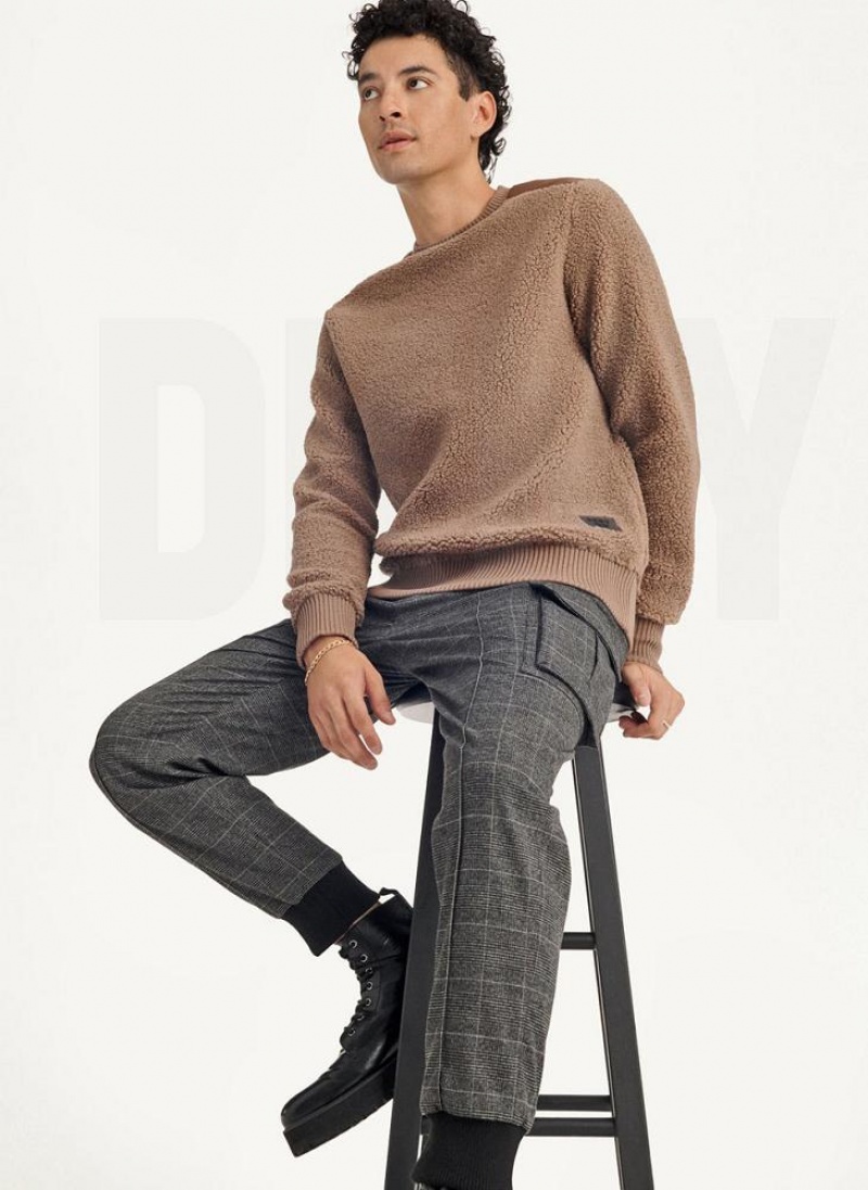 Khaki DKNY Sherpa Long Sleeve Crew Men's Sweatshirts | USA-D1286