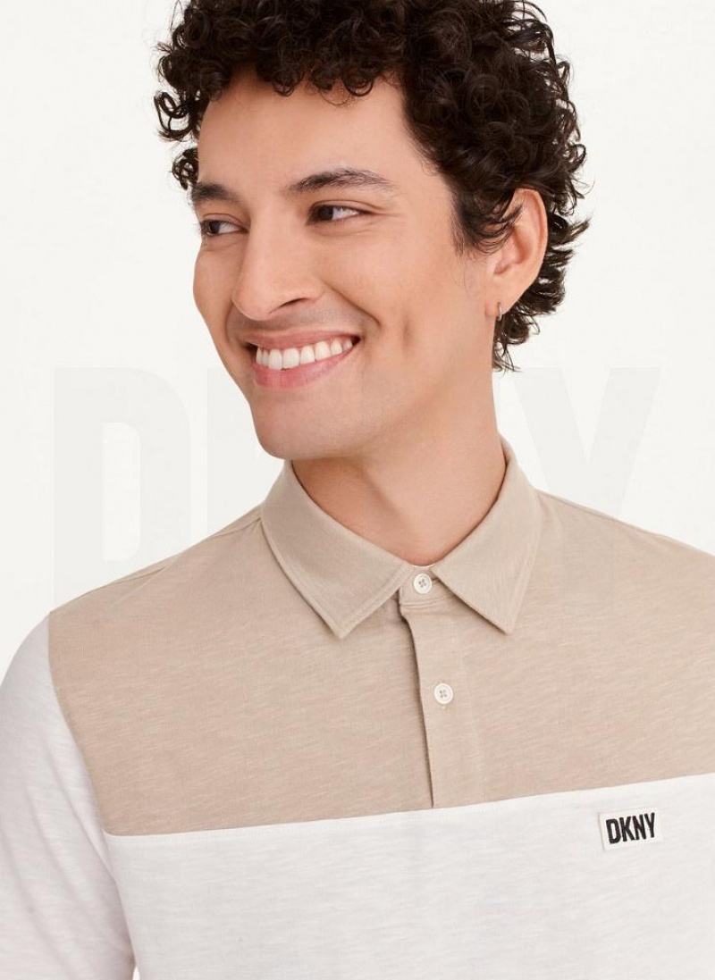 Khaki DKNY Slub Jersey Colorblock Men's Polo Shirts | USA-D1861