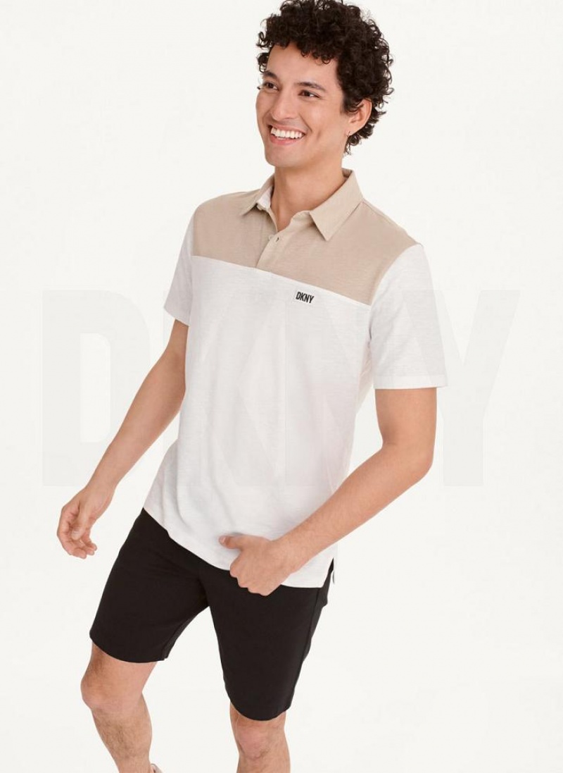 Khaki DKNY Slub Jersey Colorblock Men\'s Polo Shirts | USA-D1861