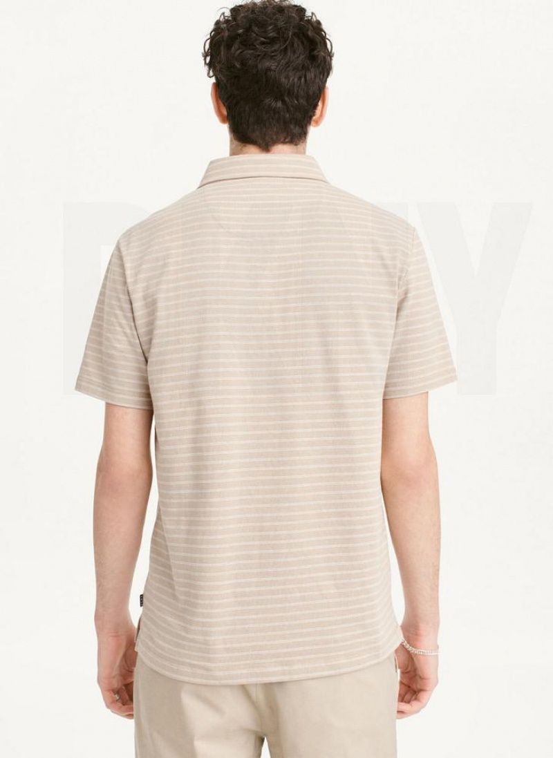 Khaki DKNY Slub Jersey Stripe Polo Men's T Shirts | USA-D0929