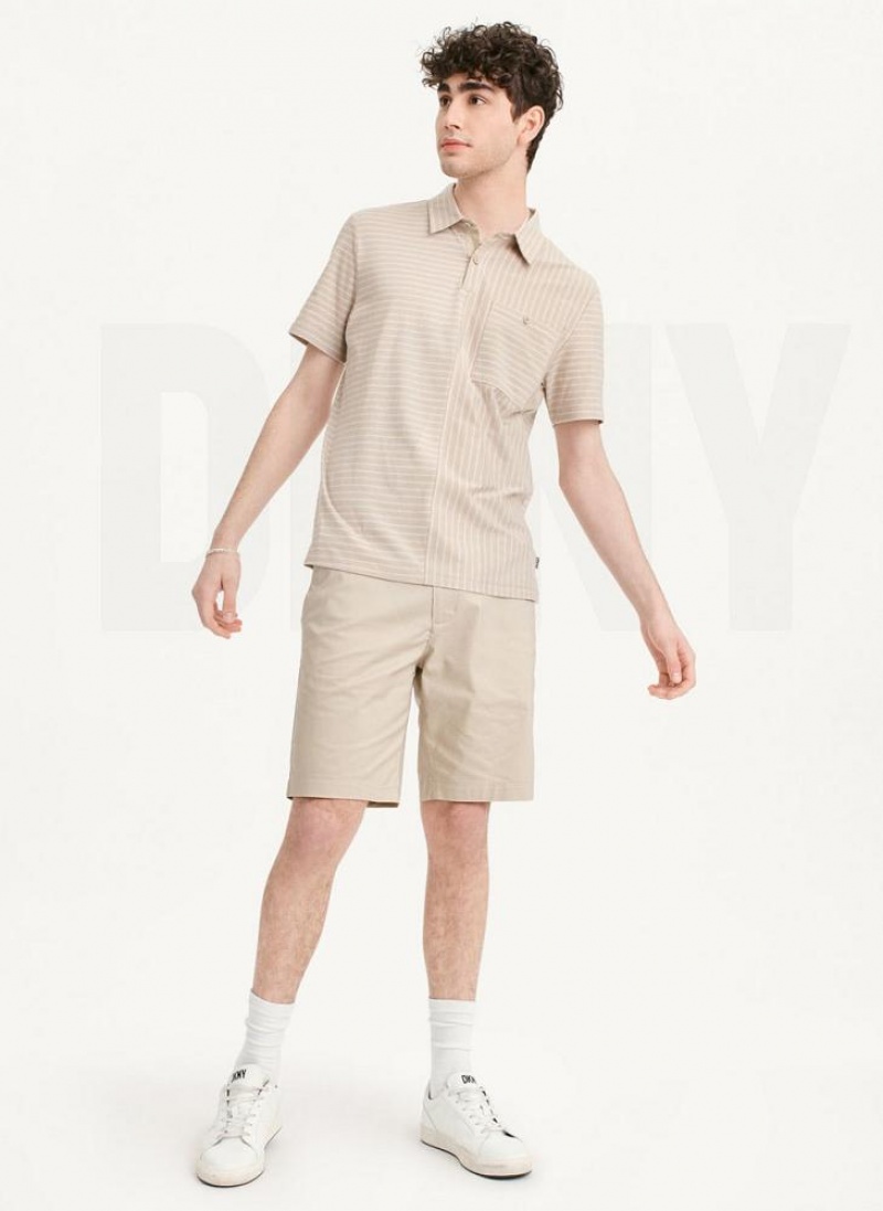 Khaki DKNY Slub Jersey Stripe Polo Men's T Shirts | USA-D0929