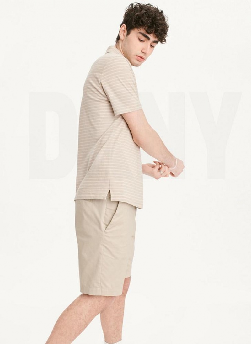 Khaki DKNY Slub Jersey Stripe Polo Men's T Shirts | USA-D0929
