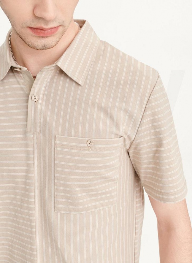 Khaki DKNY Slub Jersey Stripe Polo Men's T Shirts | USA-D0929