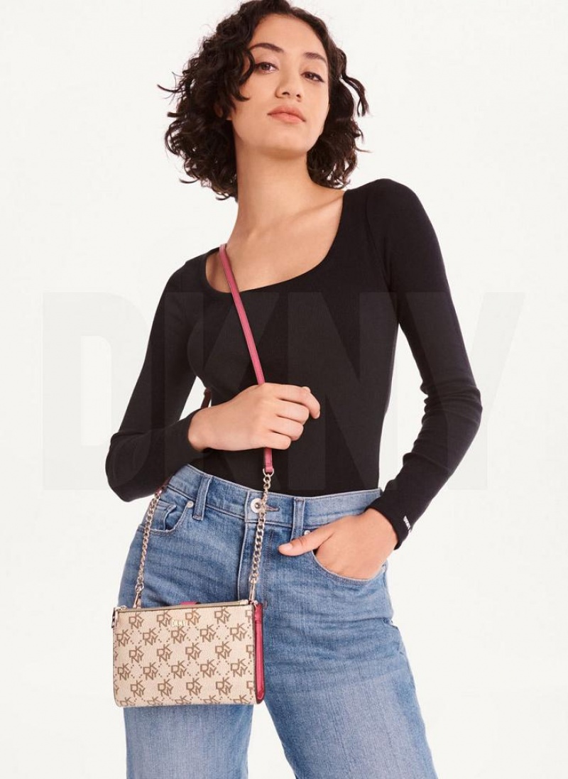 Khaki / Pink DKNY Bryant Logo Crossbody Bags Wallets | USA-D0187