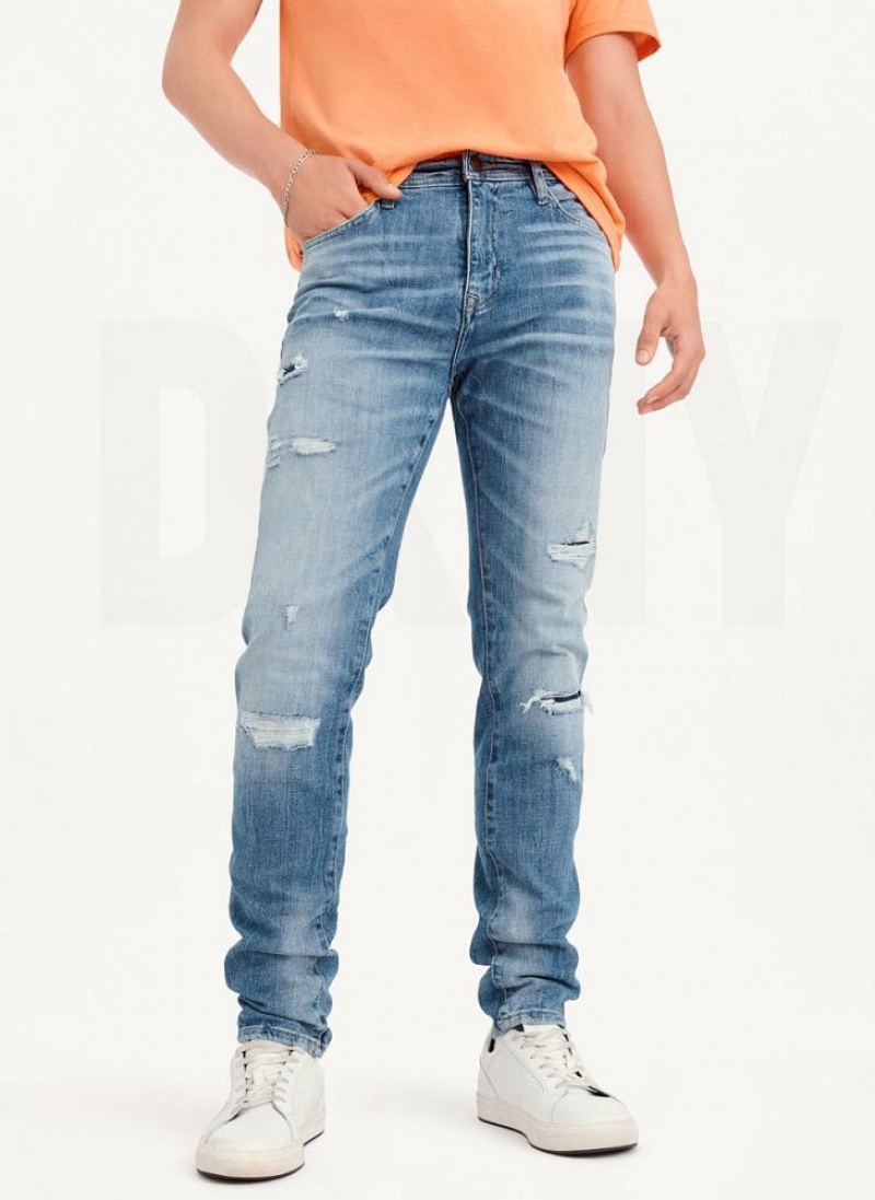 Light Blue DKNY Destructed Denim Men\'s Jeans | USA-D1737