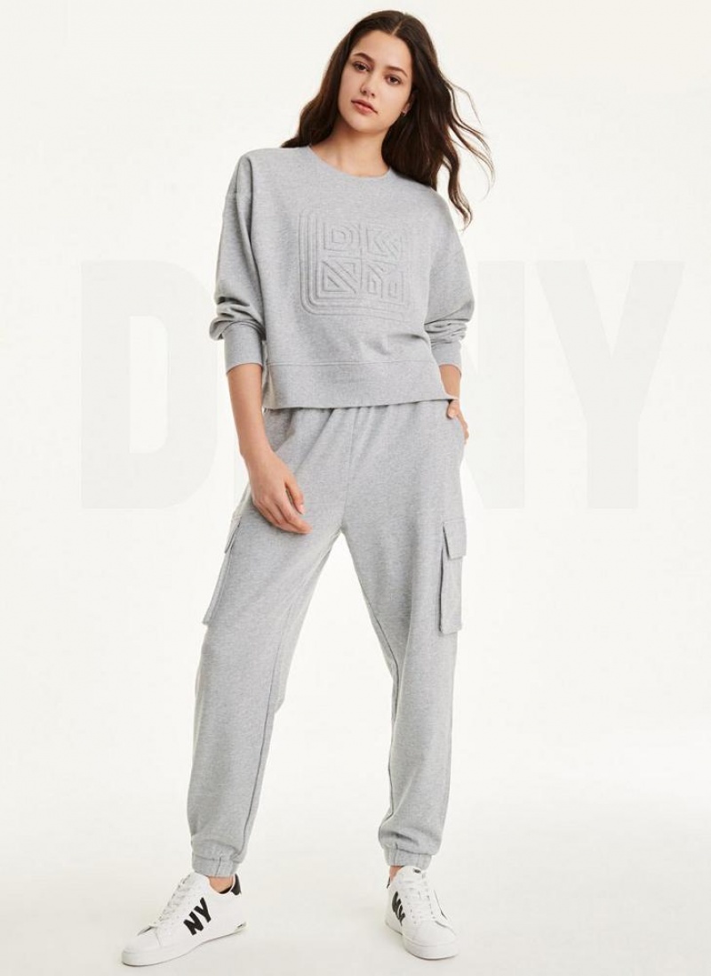 Light Grey DKNY Embossed Logo Crewneck Women's Sweatshirts | USA-D0896