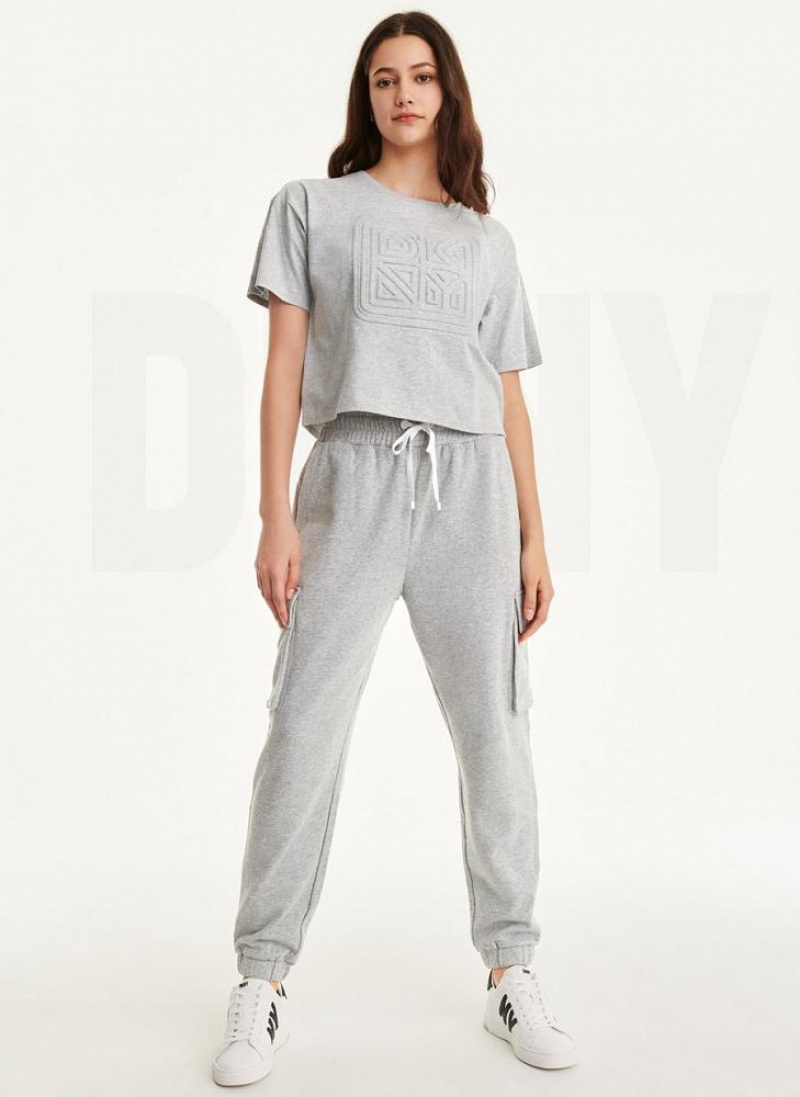 Light Grey DKNY Embossed Logo Jersey Women's T Shirts | USA-D0149