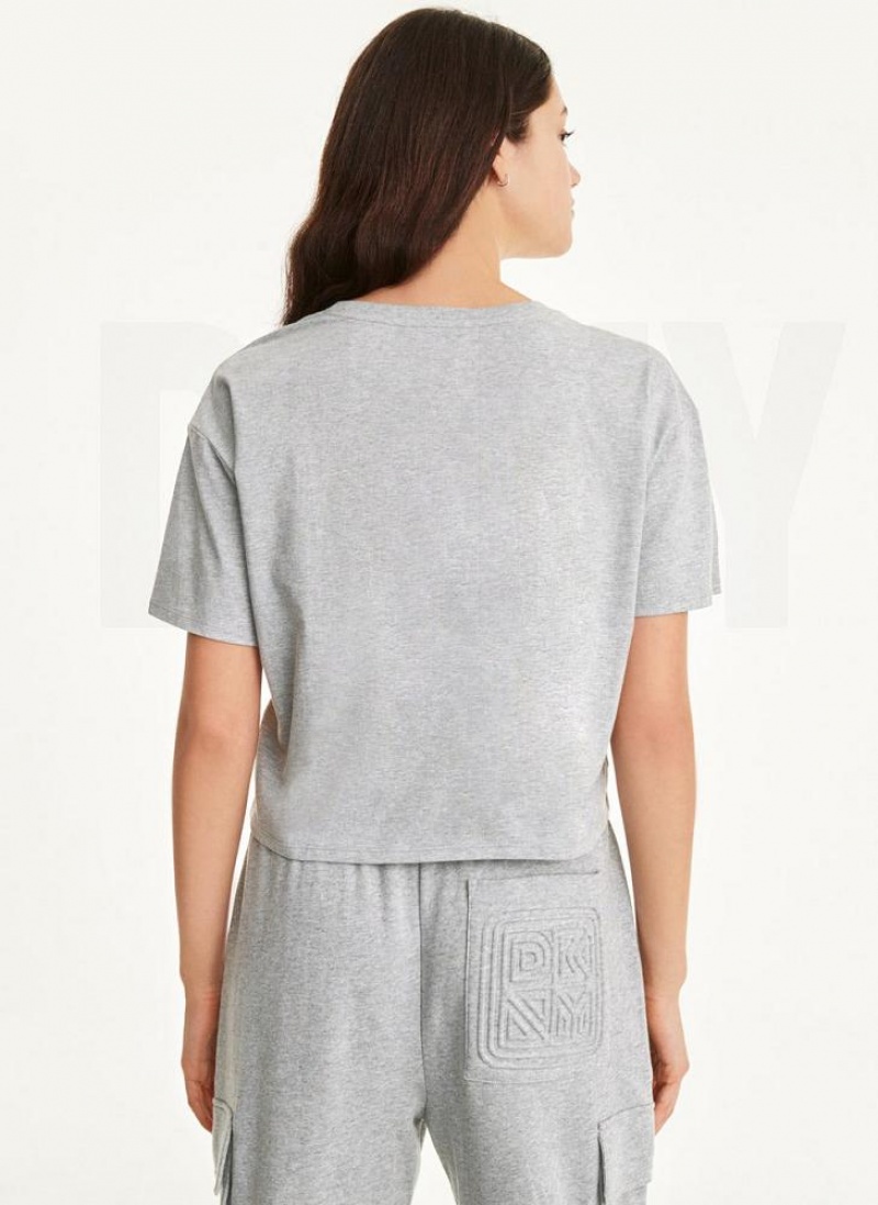Light Grey DKNY Embossed Logo Jersey Women's T Shirts | USA-D0149
