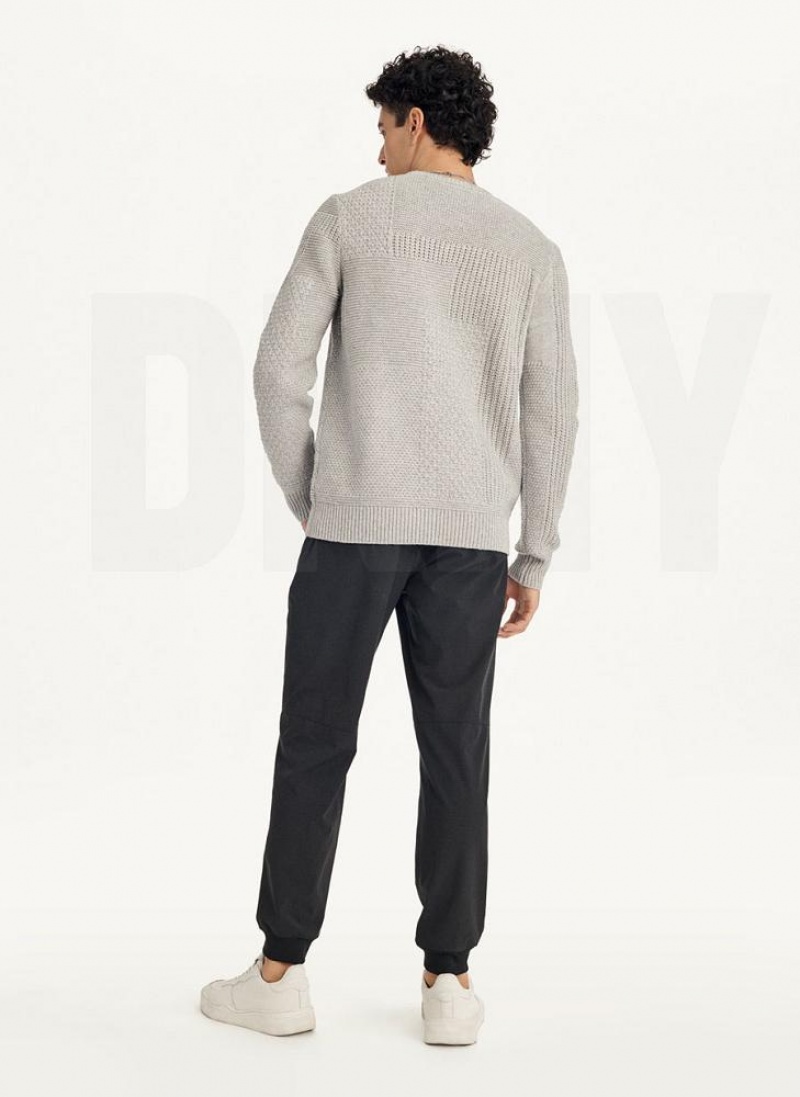 Light Grey DKNY Patchwork Stitch Crewneck Men's Sweaters | USA-D0617