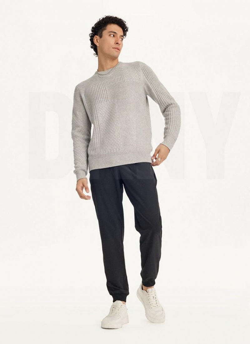 Light Grey DKNY Patchwork Stitch Crewneck Men's Sweaters | USA-D0617