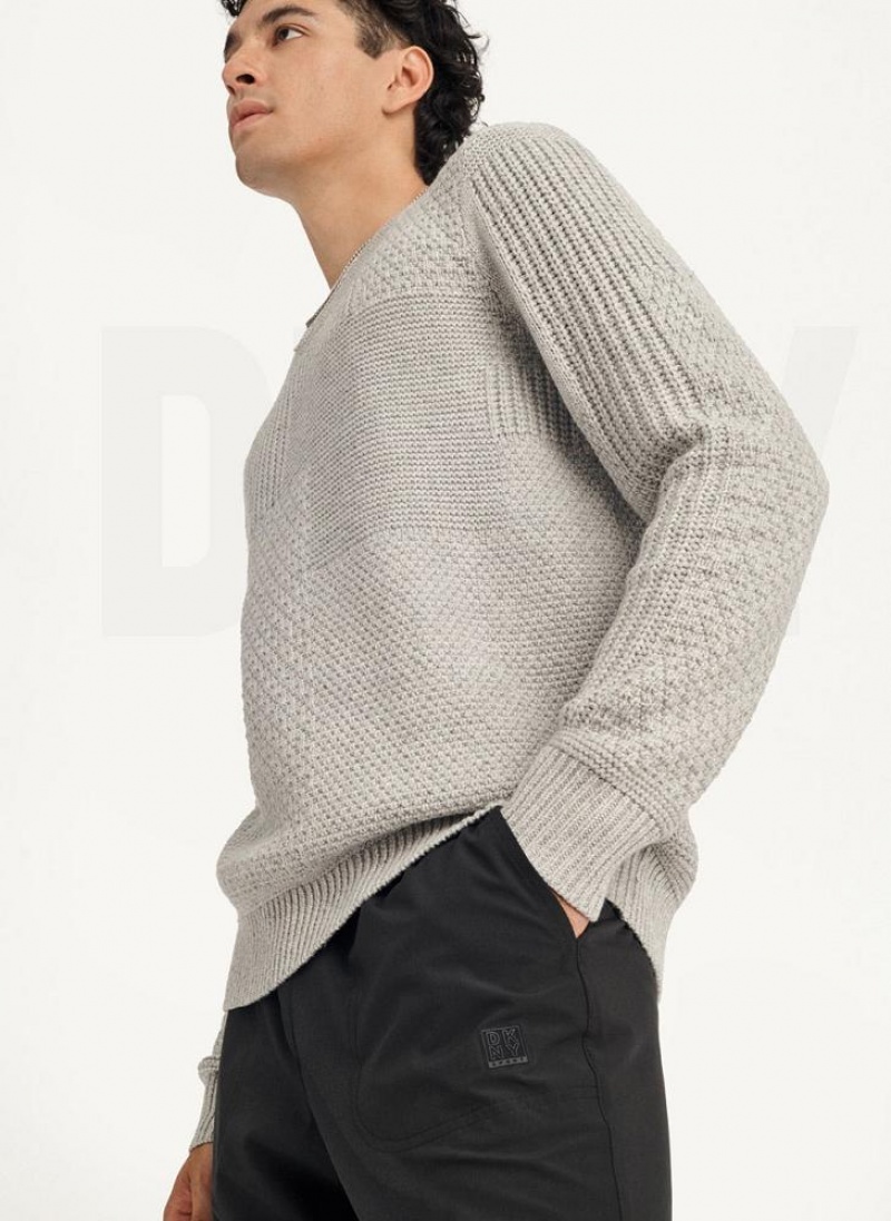 Light Grey DKNY Patchwork Stitch Crewneck Men's Sweaters | USA-D0617