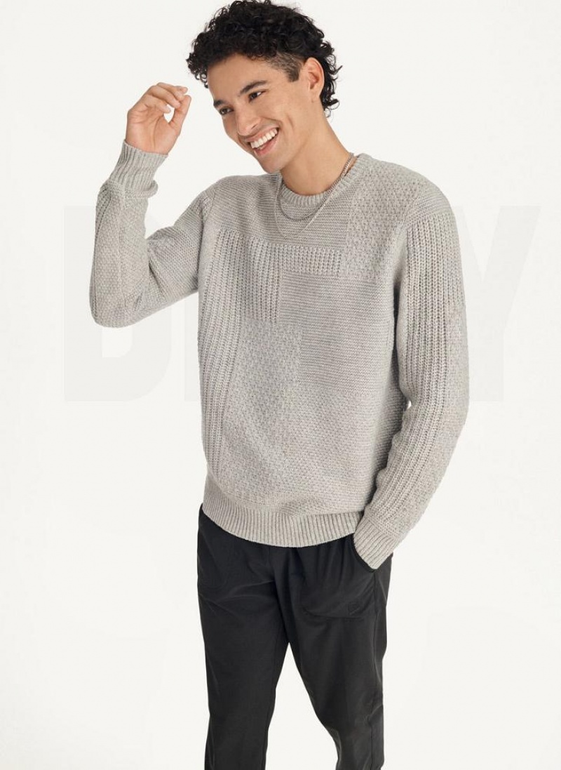 Light Grey DKNY Patchwork Stitch Crewneck Men\'s Sweaters | USA-D0617