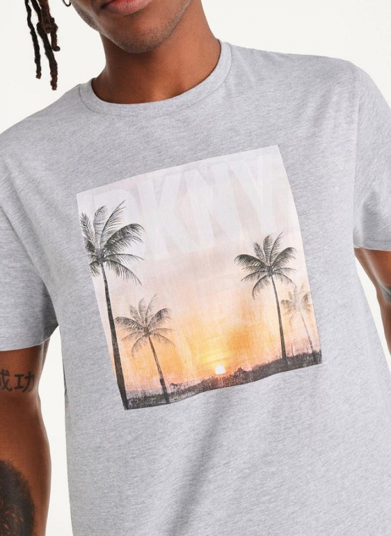 Light Grey DKNY Susnet Logo Men's T Shirts | USA-D1023