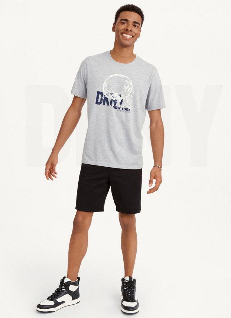 Light Grey DKNY Worn Shimmer Skull Men's T Shirts | USA-D1799