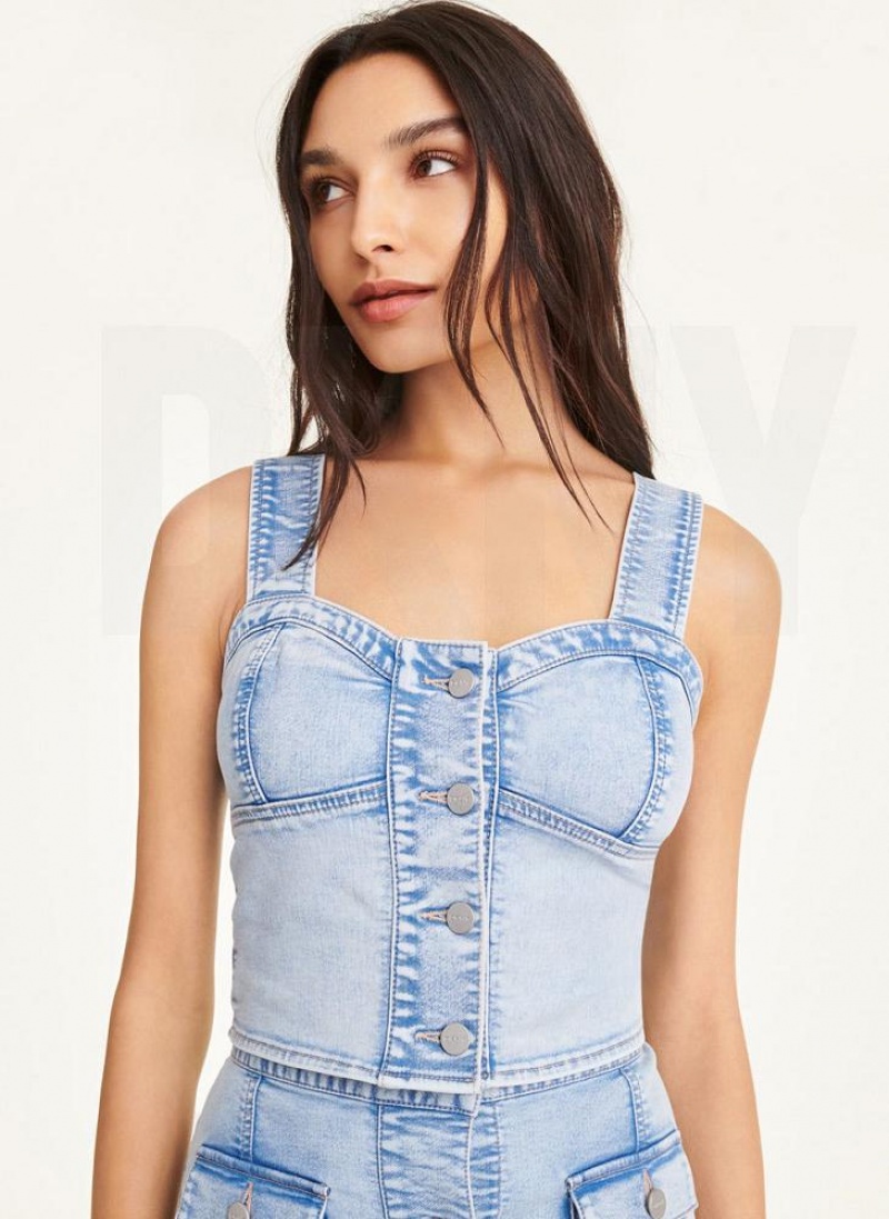 Light Wash DKNY Button Sleeveless Women\'s Tank Tops | USA-D1138