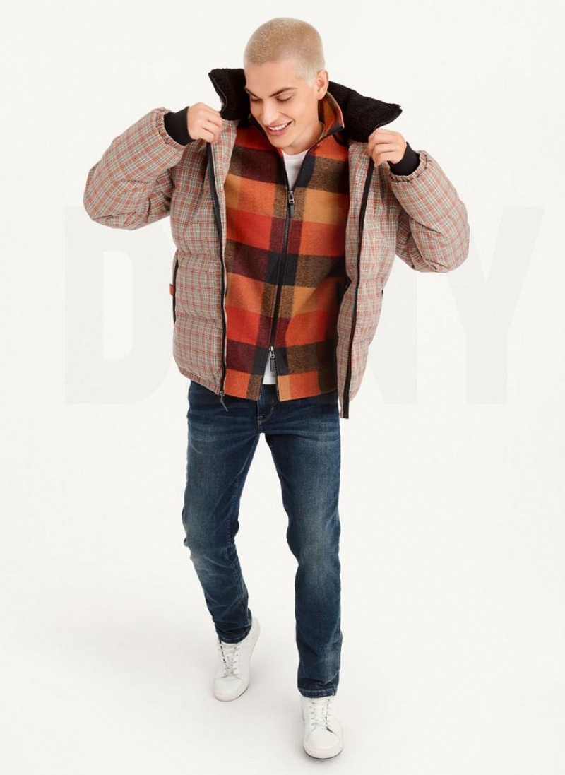 Multicolor DKNY Long Sleeve Plaid Men's Puffer Jacket | USA-D1374