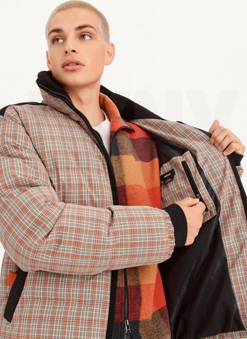 Multicolor DKNY Long Sleeve Plaid Men's Puffer Jacket | USA-D1374