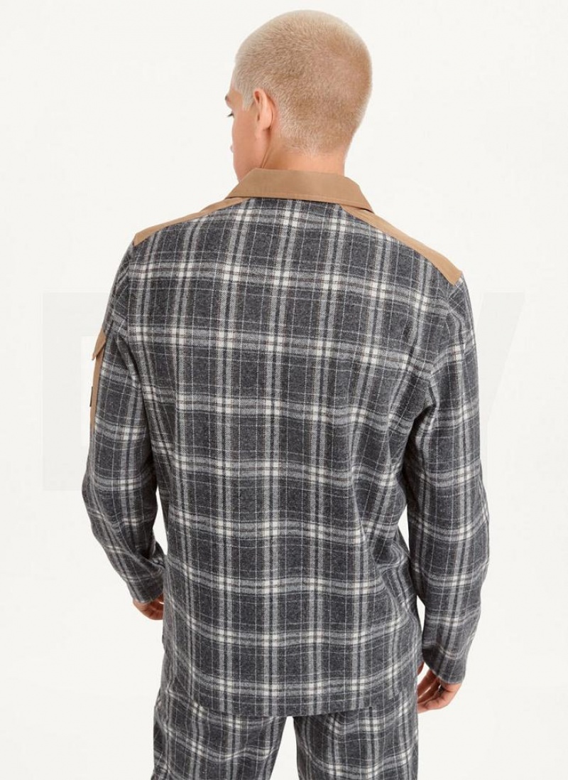 Multicolor DKNY Nylon Trim Long-Sleeve Plaid Men's Polo Shirts | USA-D1706