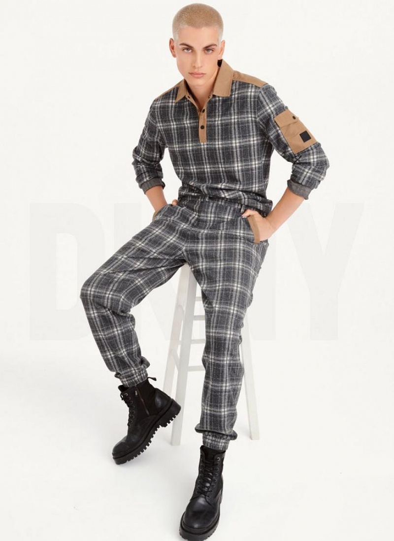 Multicolor DKNY Nylon Trim Long-Sleeve Plaid Men's Polo Shirts | USA-D1706