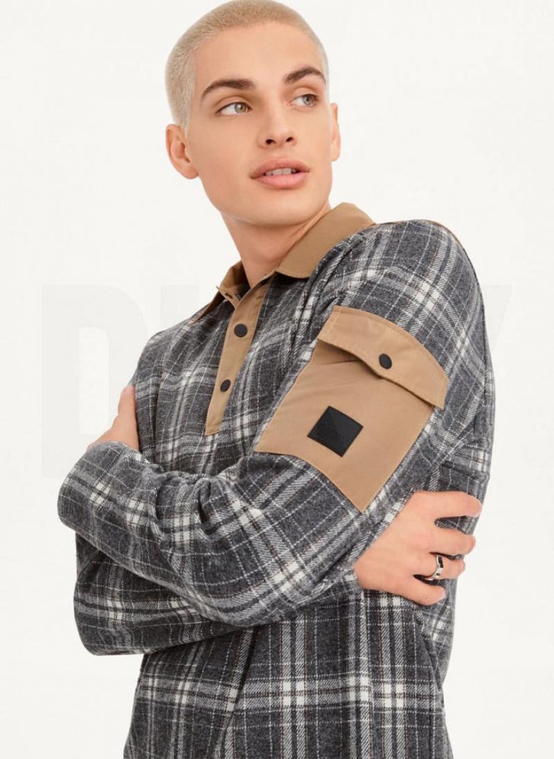 Multicolor DKNY Nylon Trim Long-Sleeve Plaid Men's Polo Shirts | USA-D1706