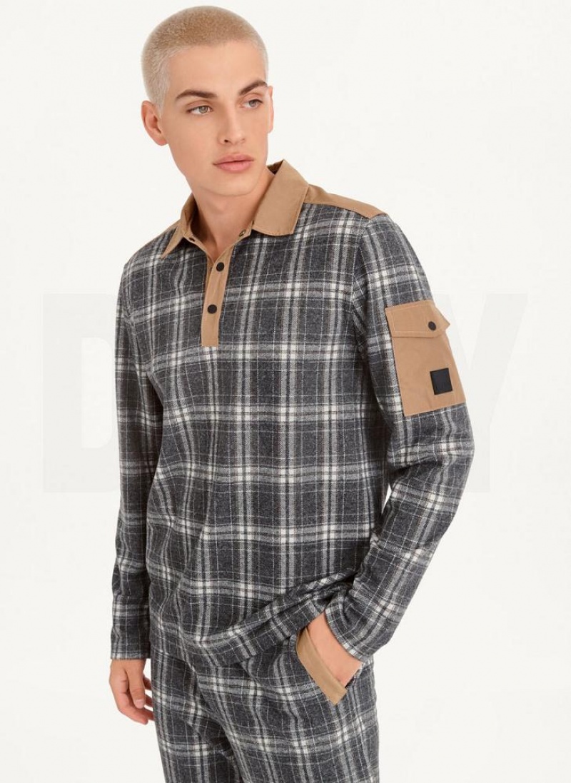 Multicolor DKNY Nylon Trim Long-Sleeve Plaid Men\'s Polo Shirts | USA-D1706