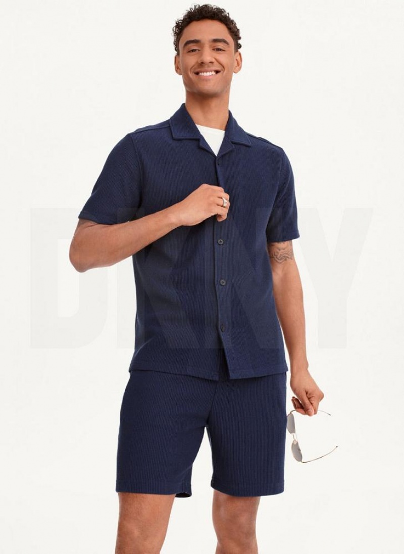 Navy DKNY Button Front Cord Men\'s Shirts | USA-D1179