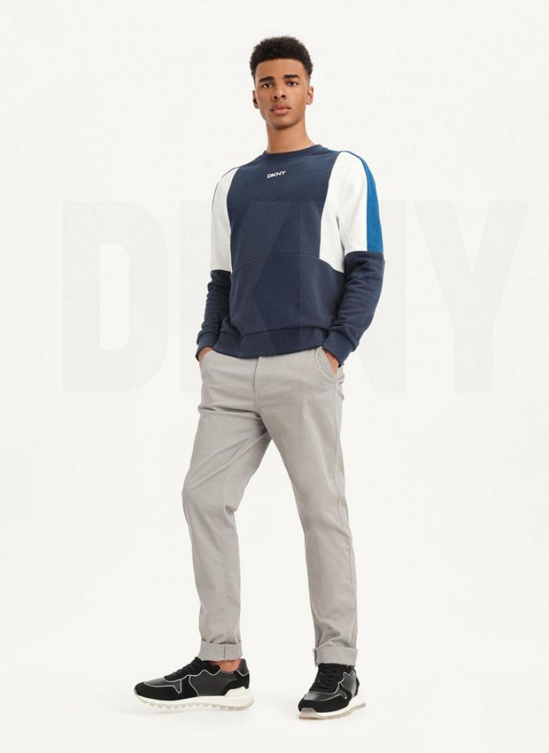 Navy DKNY Colorblock French Terry Front Logo Crewneck Men's Sweatshirts | USA-D0469