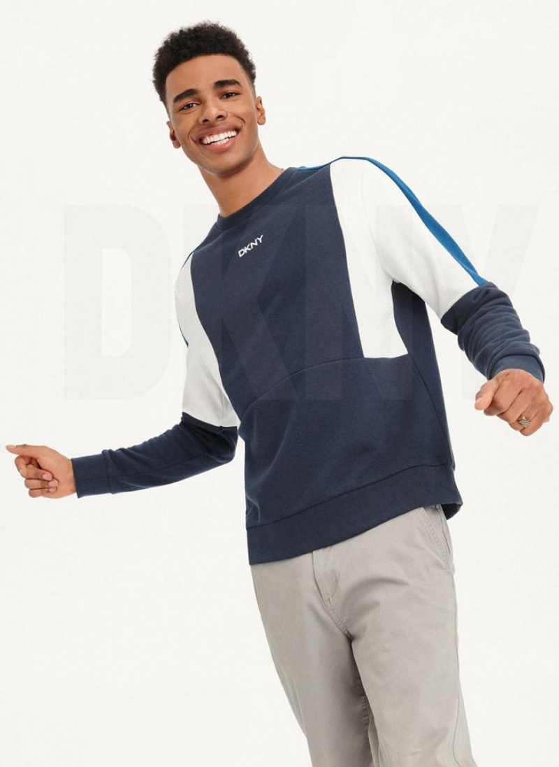 Navy DKNY Colorblock French Terry Front Logo Crewneck Men's Sweatshirts | USA-D0469