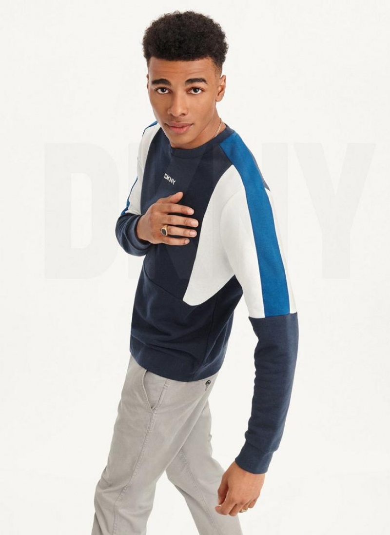 Navy DKNY Colorblock French Terry Front Logo Crewneck Men's Sweatshirts | USA-D0469