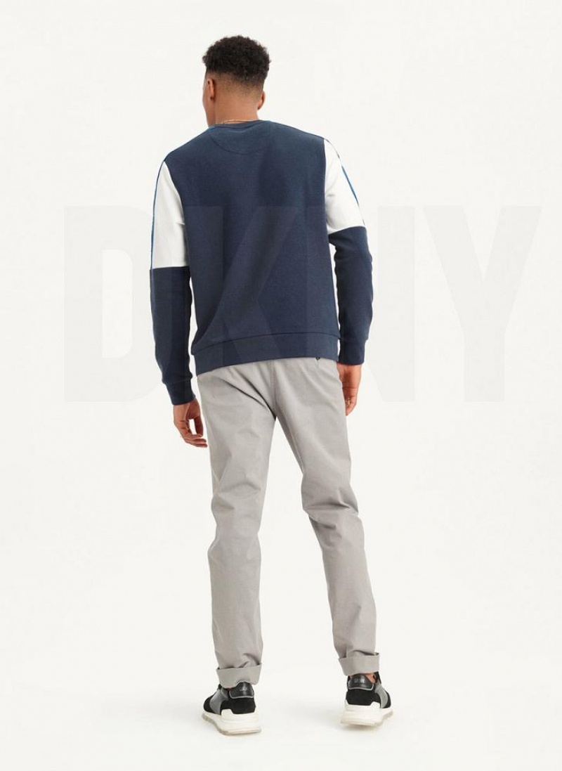 Navy DKNY Colorblock French Terry Front Logo Crewneck Men's Sweatshirts | USA-D0469