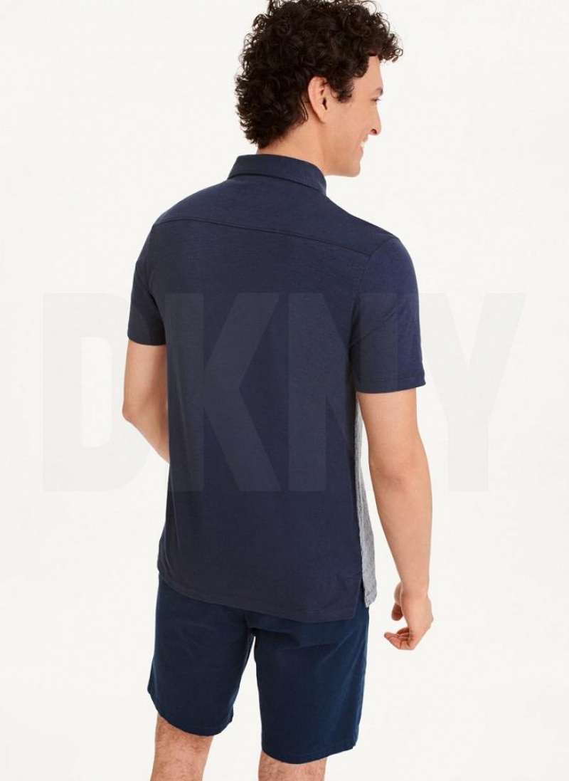 Navy DKNY Colorblock Plaid Men's Polo Shirts | USA-D0156