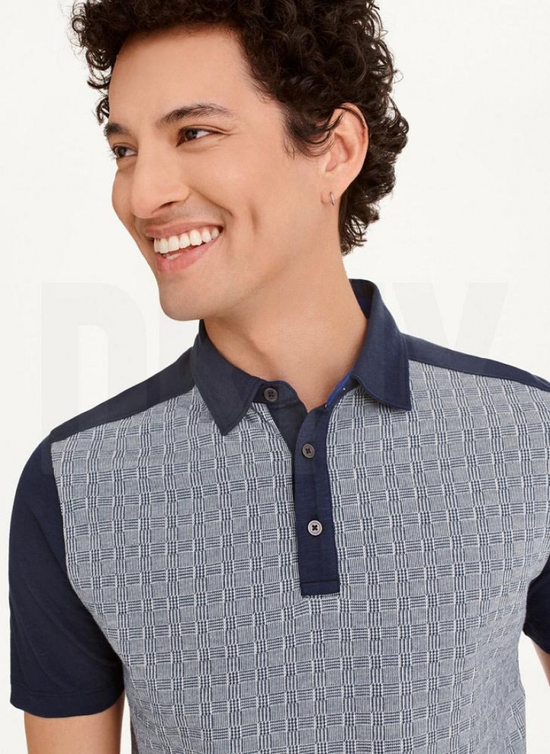 Navy DKNY Colorblock Plaid Men's Polo Shirts | USA-D0156