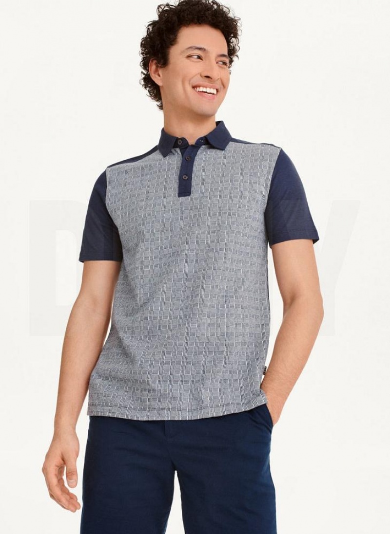 Navy DKNY Colorblock Plaid Men\'s Polo Shirts | USA-D0156